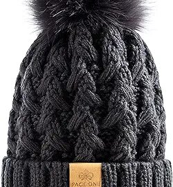 PAGE ONE Womens Winter Ribbed Beanie Crossed Cap Chunky Cable Knit Pompom Soft Warm Hat