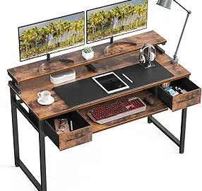 ODK Computer Desk Study Table, 48 Inch Office Desk with Drawers and Keyboard Tray, Study Desk Work Desk with Monitor Shelf, Writing Desk with Storage for Home Office, Rustic Brown