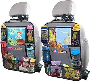 ULEEKA Car Backseat Organizer with 11" Table Holder, 9 Storage Pockets Seat Back Protectors Kick Mats for Kids Toddlers, Travel Accessories, 2 Pack, Gray