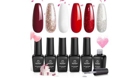 Beetles Candy Cane Gel Nail Polish Set, 6Pcs Gel Polish Glitter Burgundy Red Sparkle Gel Nail Kit Snow White Silver Holiday Nail Gel, Soak off Uv Nail Art.