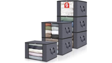 Fab totes 6 Pack Clothes Storage, Foldable Blanket Storage Bags with Lids and Handle, Grey
