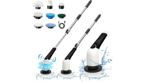 Keimi Electric Spin Scrubber, Cordless Voice Prompt Shower Cleaning Brush with 8 Replaceable Heads