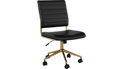Martha Stewart Ivy Armless Swivel Task Chair for Home Office in Black Faux Leather with Polished Brass Frame