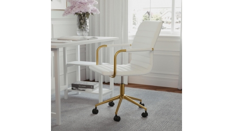 Martha Stewart Taytum Swivel Task Chair with Armrests for Home Office in White Faux Leather with Polished Brass Frame