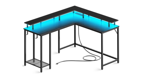SUPERJARE L Shaped Gaming Desk with Power Outlets & LED Lights, Computer Desk with Monitor Stand & Storage Shelf, Home Office Desk Corner Desk