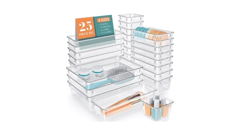 WOWBOX 25 PCS Clear Plastic Drawer Organizer Set, 4 Sizes Desk Drawer Divider Organizers and Storage Bins for Makeup, Jewelry, Gadgets for Kitchen, Bedroom,