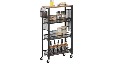 YITAHOME Kitchen Cart with Wheels, 4-Tier Slim Storage Cart, Mobile Utility Cart with Wooden Tabletop and Mesh Baskets