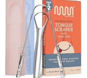 MasterMedi Tongue Scraper with Multicolor Cases (2 Pack), 100% Stainless Steel