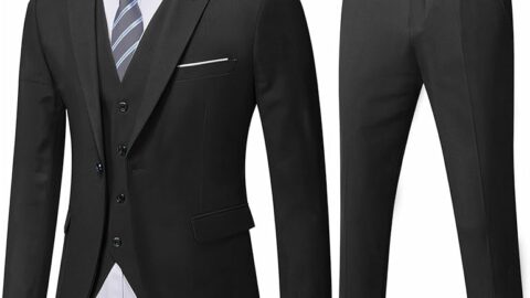 MYS Men's 3 Piece Slim Fit Suit Set, One Button Solid Jacket Vest Pants with Tie