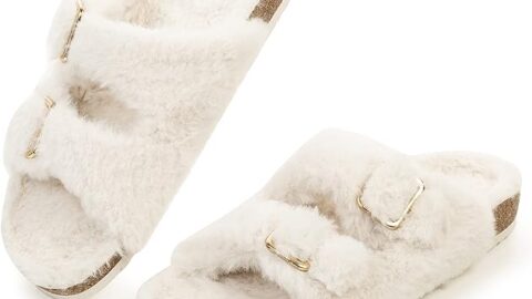FITORY Womens Open Toe Slipper with Cozy Lining,Faux Rabbit Fur Cork Slide Sandals