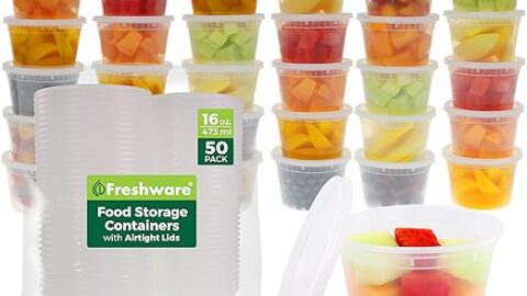 Freshware Food Storage Containers [50 Set] 16 oz Plastic Deli Containers with Lids