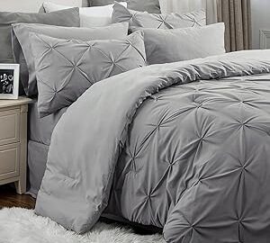 Bedsure Queen Comforter Set - Bed in a Bag Queen 7 Pieces, Pintuck Bedding Sets Grey Bed Set